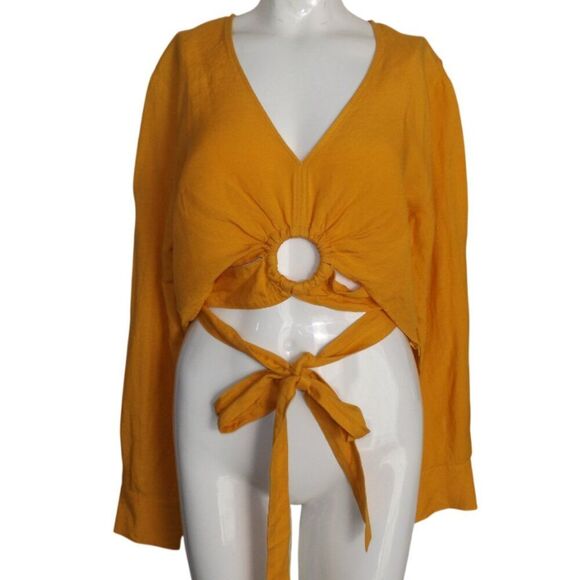 & OTHER STORIES Crop Top, 12, Yellow, Grommet/Strappy, Long Sleeve, V-neck Linen - Picture 13 of 16